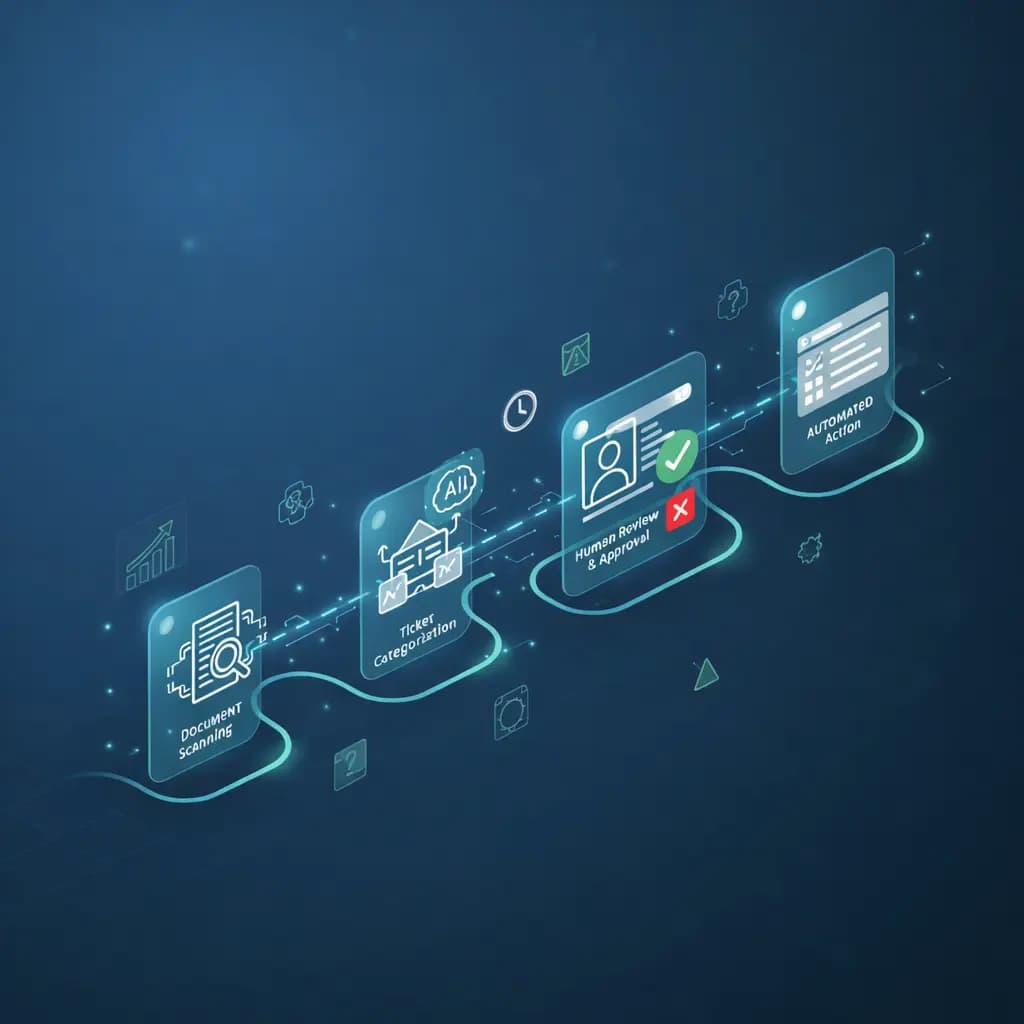 Illustration of AI-powered document intake and ticket routing with human review checkpoints.
