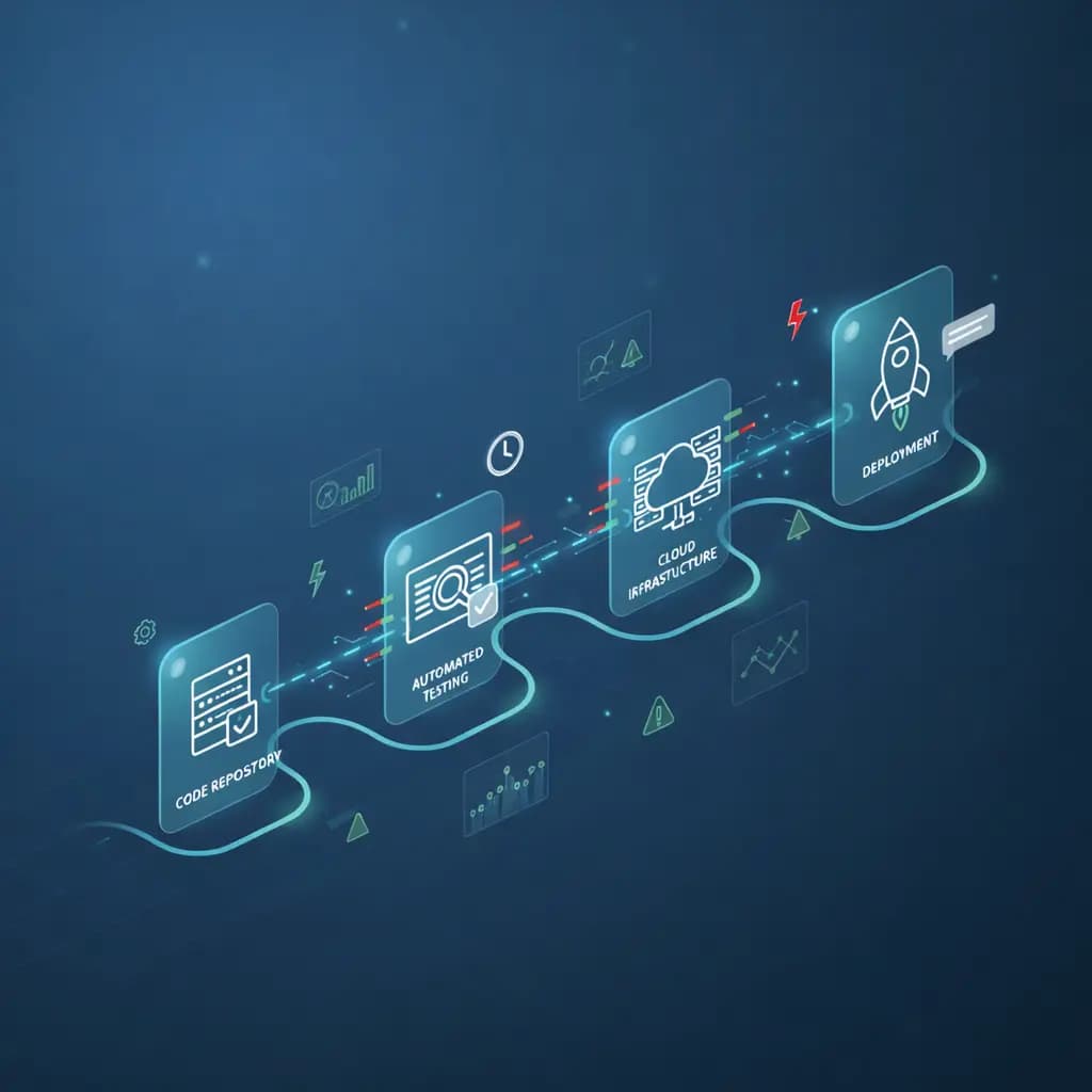 DevOps pipeline illustration showing CI/CD automation, infrastructure as code, and monitoring alerts.