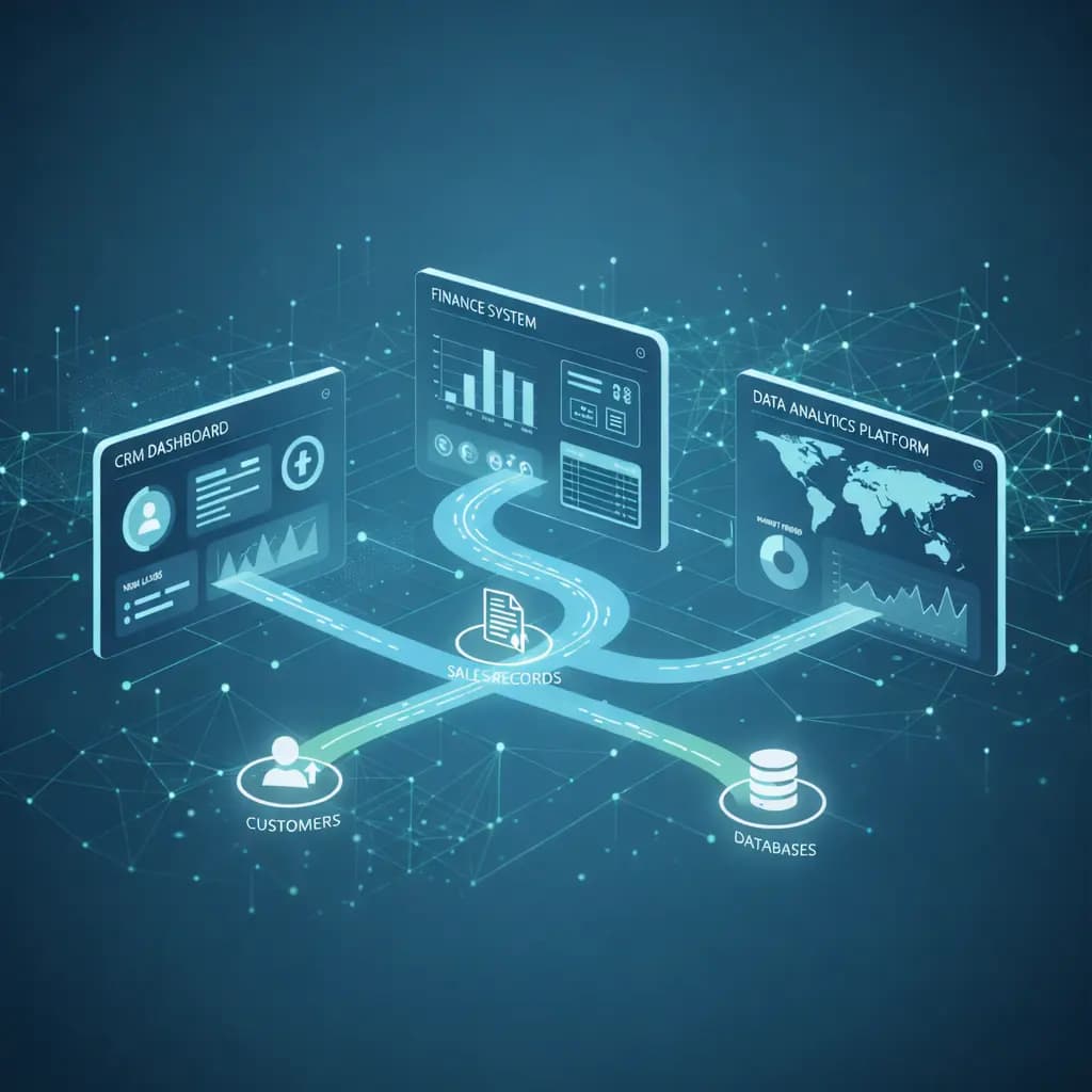 Systems architecture diagram showing ERP, CRM, and operations tools linked through API integrations.