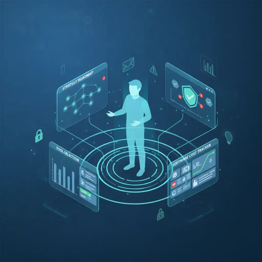 Business technology leadership illustration highlighting vendor management, risk oversight, and IT planning.