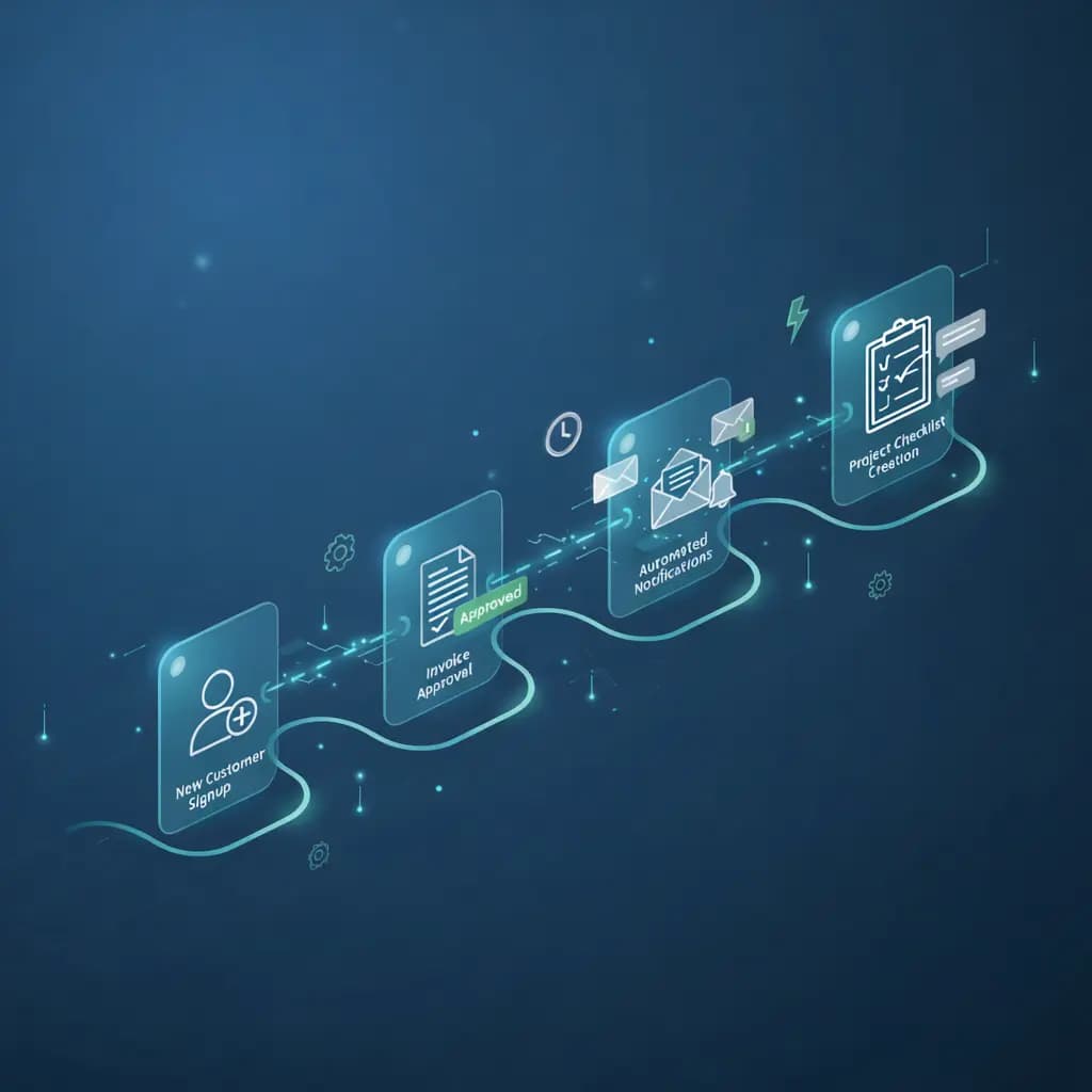 Workflow map showing automated approvals, alerts, and recurring tasks across teams.