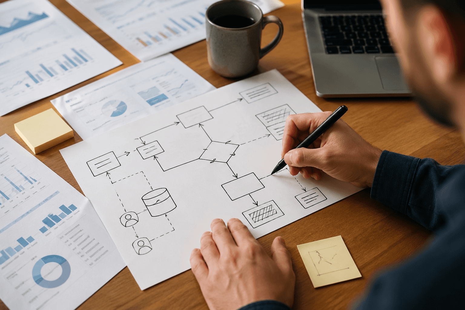 Person drawing workflow notes beside business reports