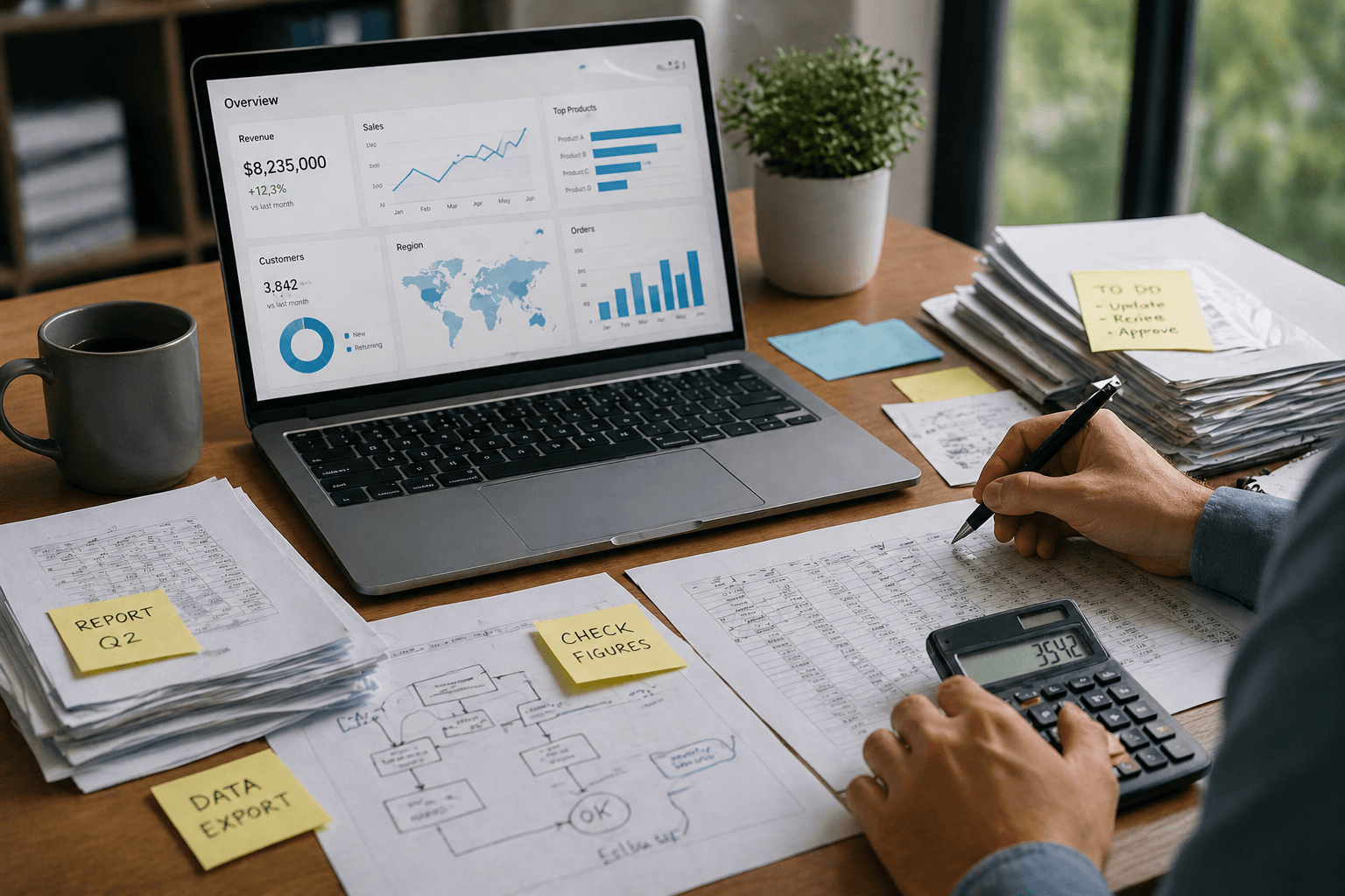 Business reports and charts arranged on a desk