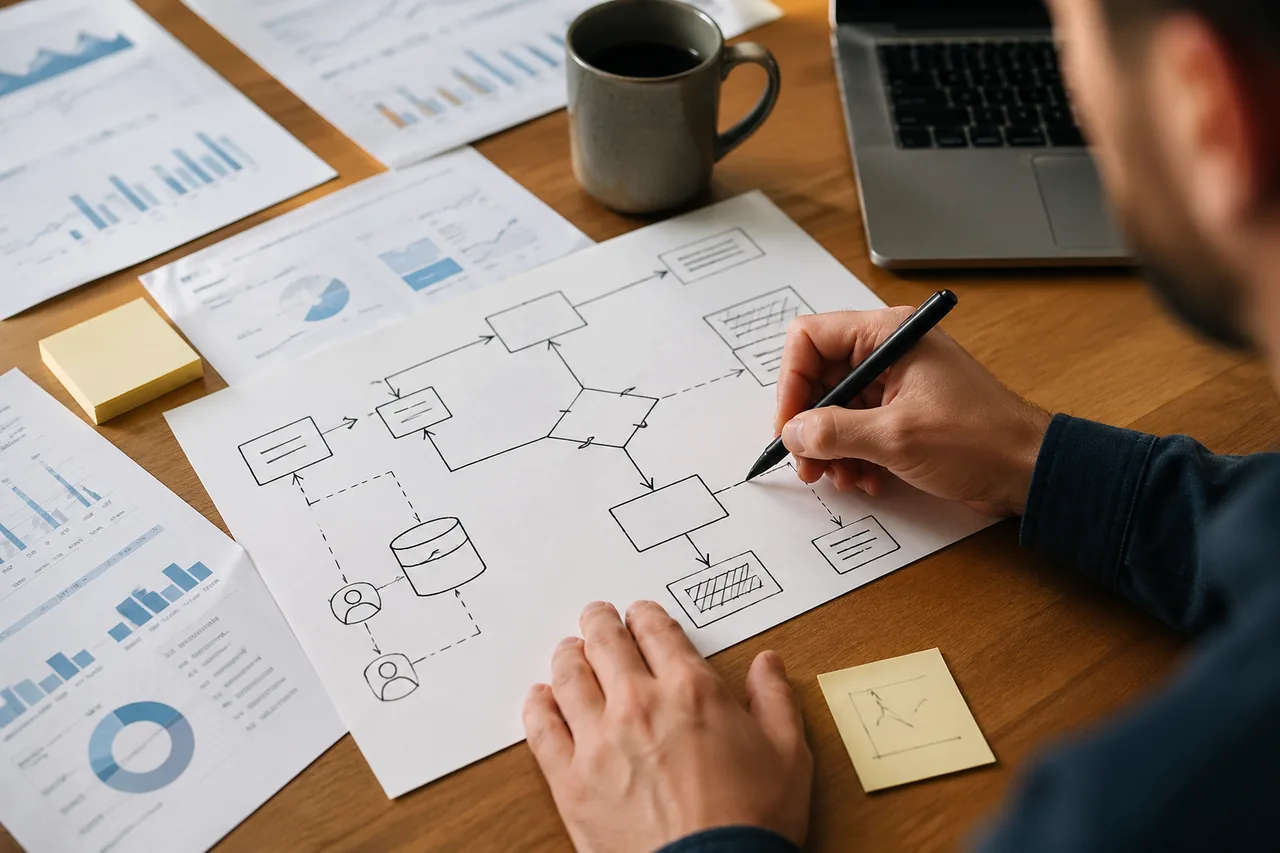 Person drawing workflow notes beside business reports